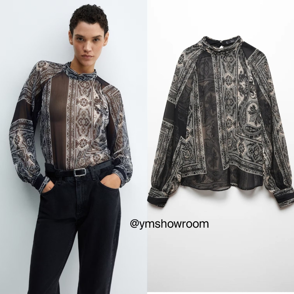 Mango Black and Gray Sheer Blouse
